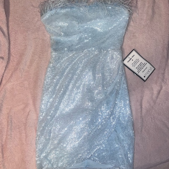 NWT strapless fur Sparkling Blue Sequin mini dress - Picture 4 of 5